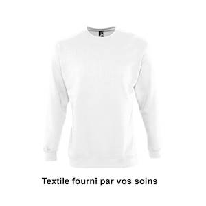 Impression directe quadri sur sweat 100% coton fourni pas vos soins. INFORMATIONS OBLIGATOIRES à nous fournir avant livraison de vos textiles : Nombre de pièce par taille et référence - Nom de l'expéditeur - Jour de livraison programmé - Prévoir 1 à ... 
